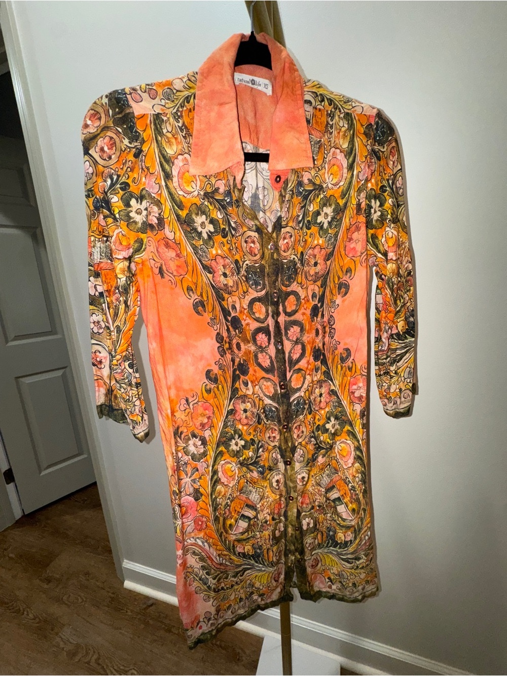 NATURAL LIFE Coral and Olive Paisley-Print Long Sleeve Dress